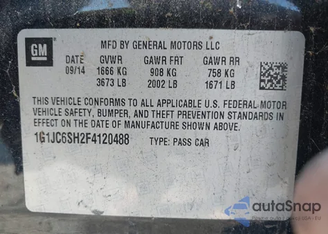 2015 Chevrolet Sonic Lt Auto from USA, damaged, VIN 1G1JC6SH2F4120488